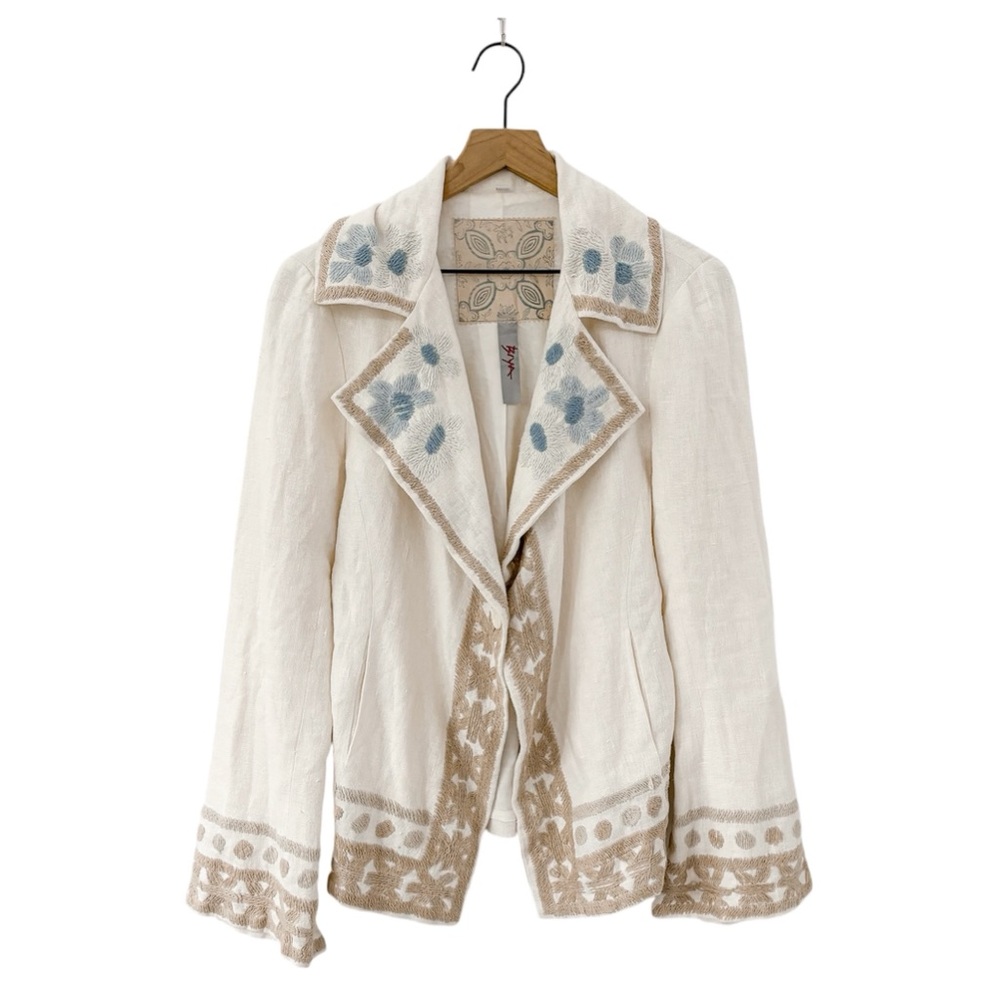 Johnny Was Cream Linen-Blend Embroidered Blazer with Blue Floral Detail
